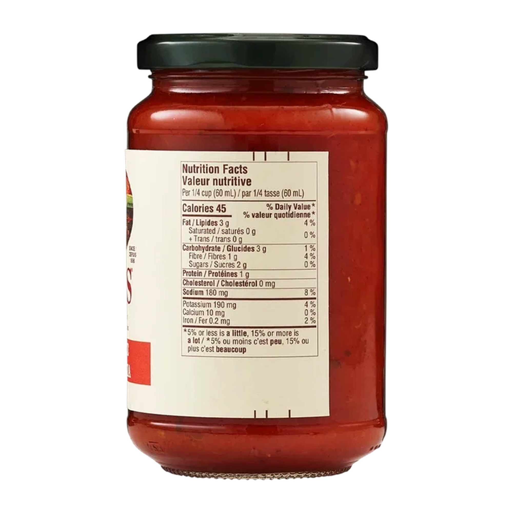 Pot de sauce à pizza Rao's, vue de gauche