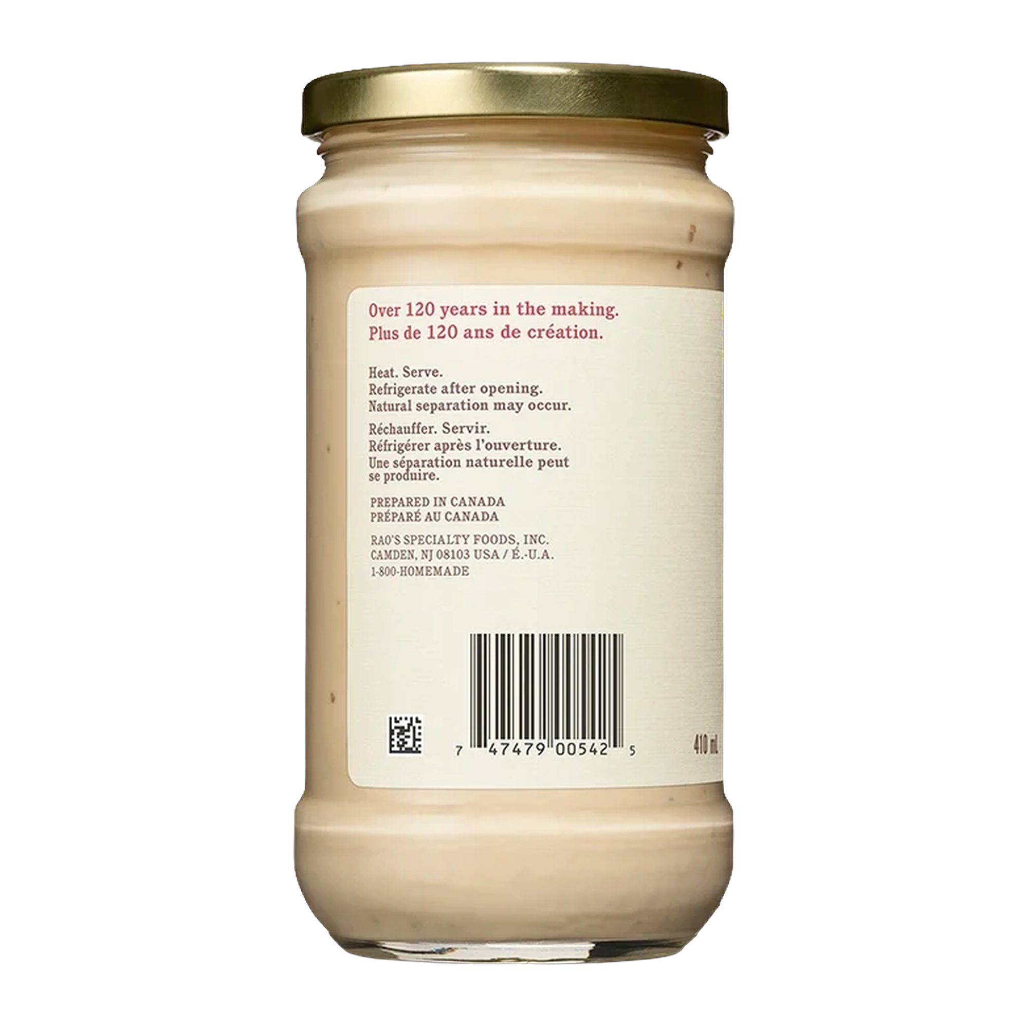 Pot de sauce Alfredo Rao's, vue de gauche