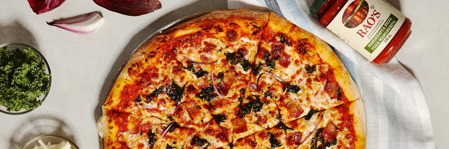 Kale, Red Onion and Bacon Pizza