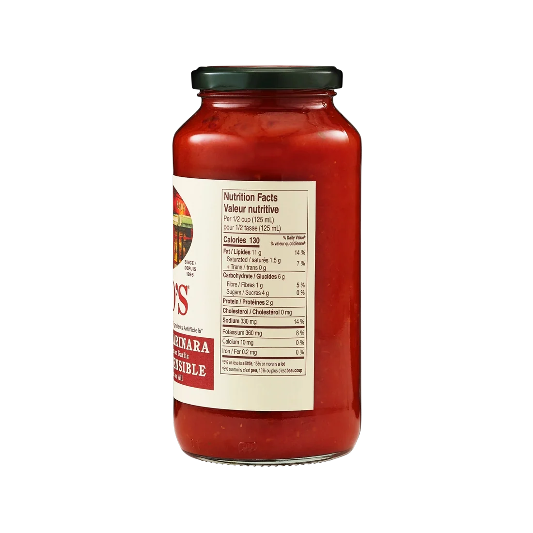 Pot de sauce marinara sensible Rao's, vue de gauche